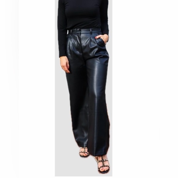 Abercrombie & Fitch Tailored Pants Vegan Leather Black Wide-Leg Sz S Biker Rock - Picture 2 of 15